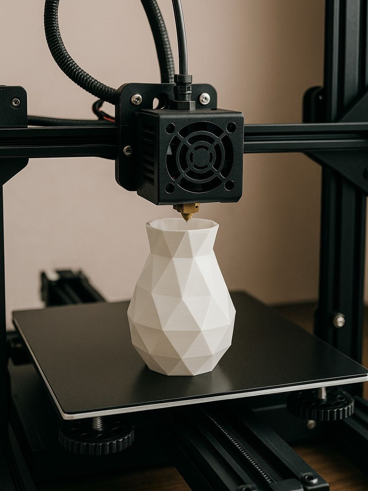 Impresora 3D fabricando un jarrón decorativo personalizado